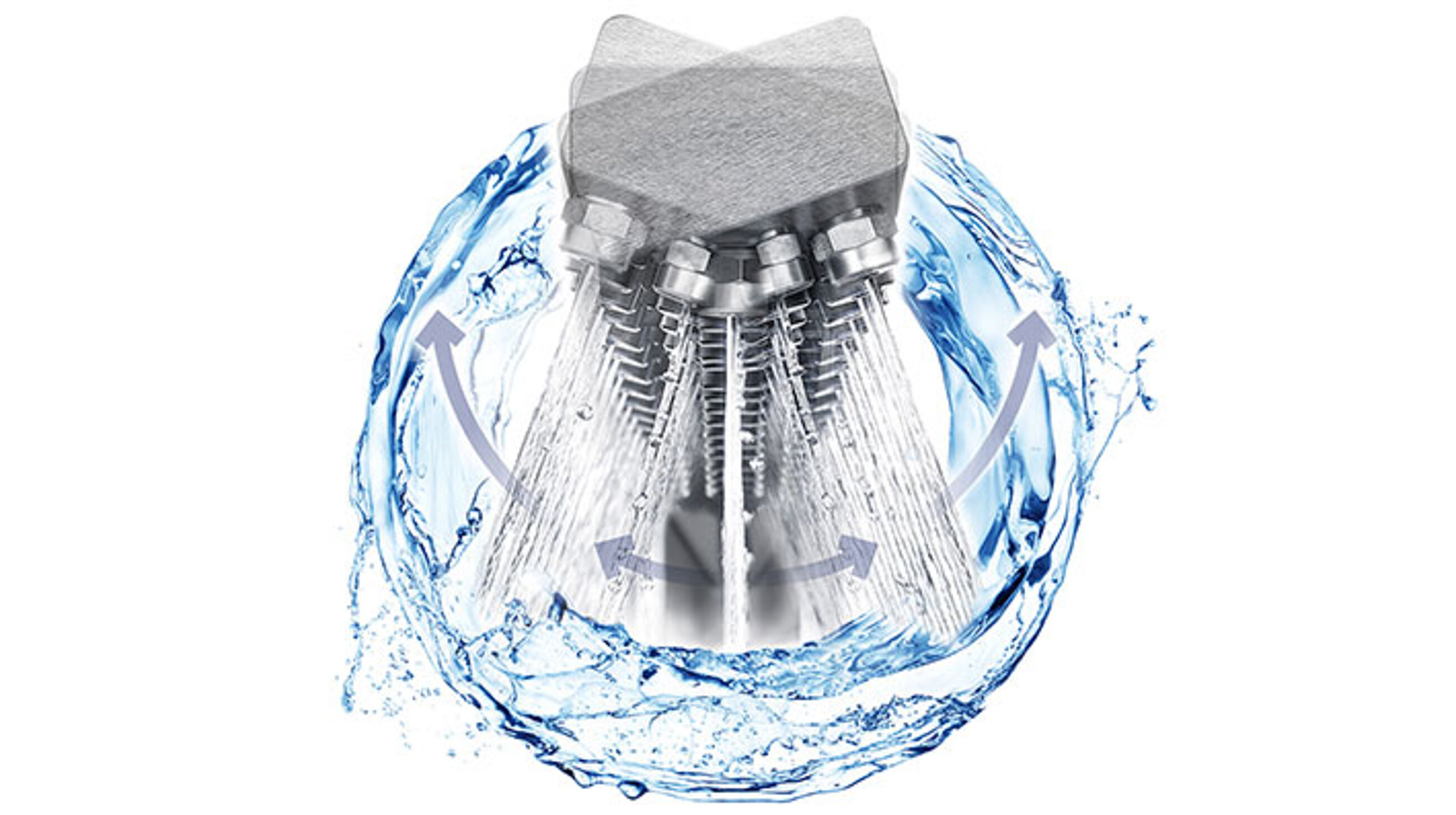 Illsutration des Düsenarm einer Reinigungsmaschine in einem Ring aus Wasser