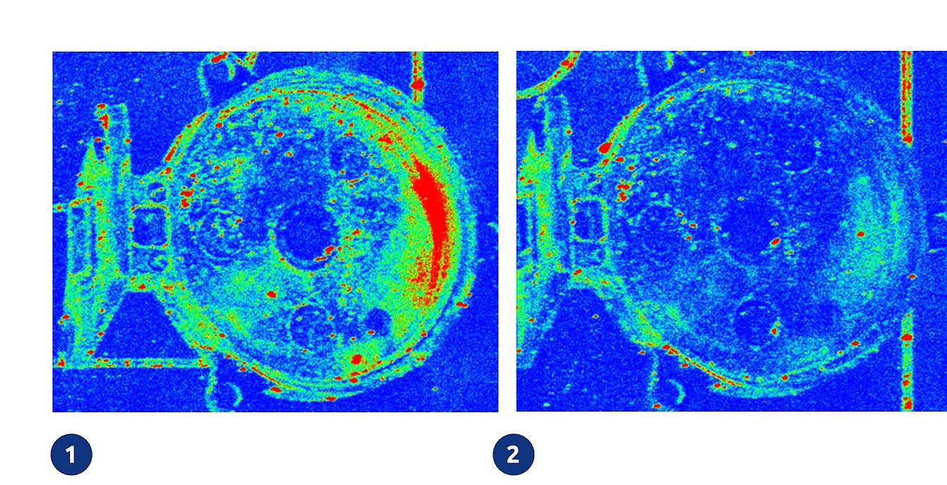 Zwei Aufnahmen der Fluoreszenzanalyse eines Bauteils