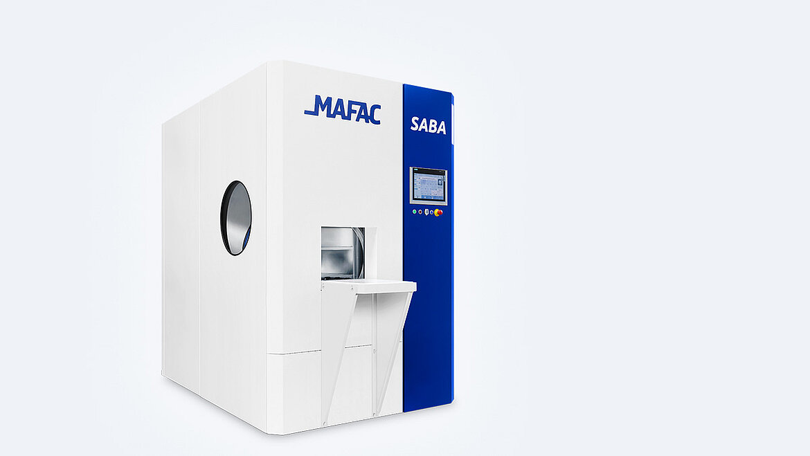 Perspektivische Aufnahme einer MAFAC SABA Reinigungsanlage zur Bauteilreinigung