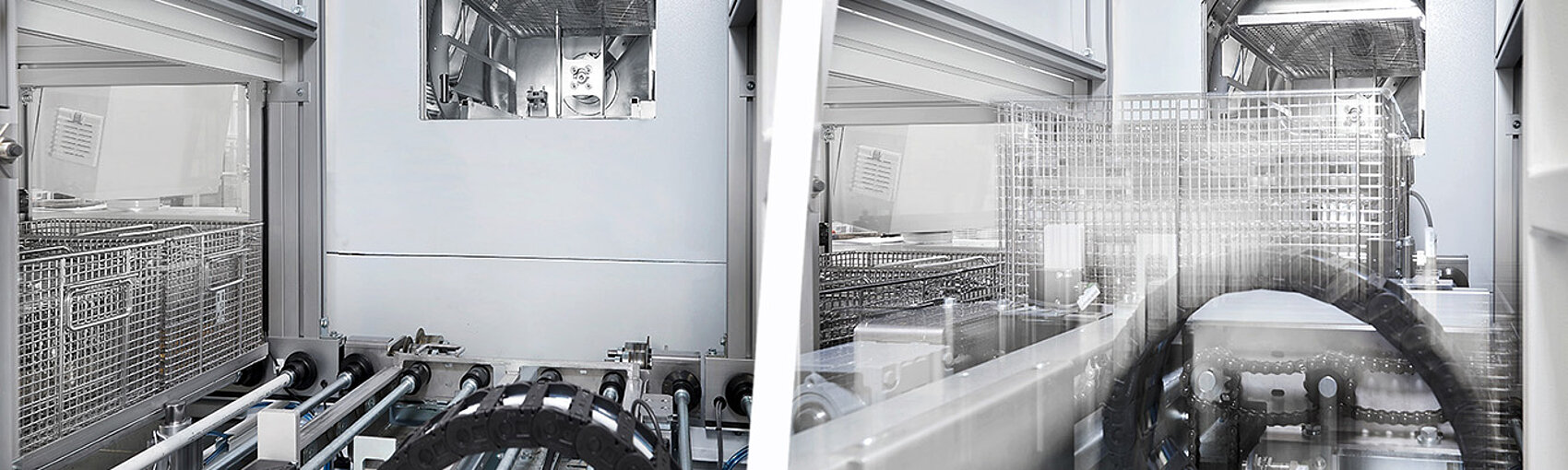 Industrielle Reinigungsanlage mit automatisierten Fördermechanismen. Zwei Ansichten einer industriellen Reinigungsanlage mit Metallkörben und Fördermechanismen.