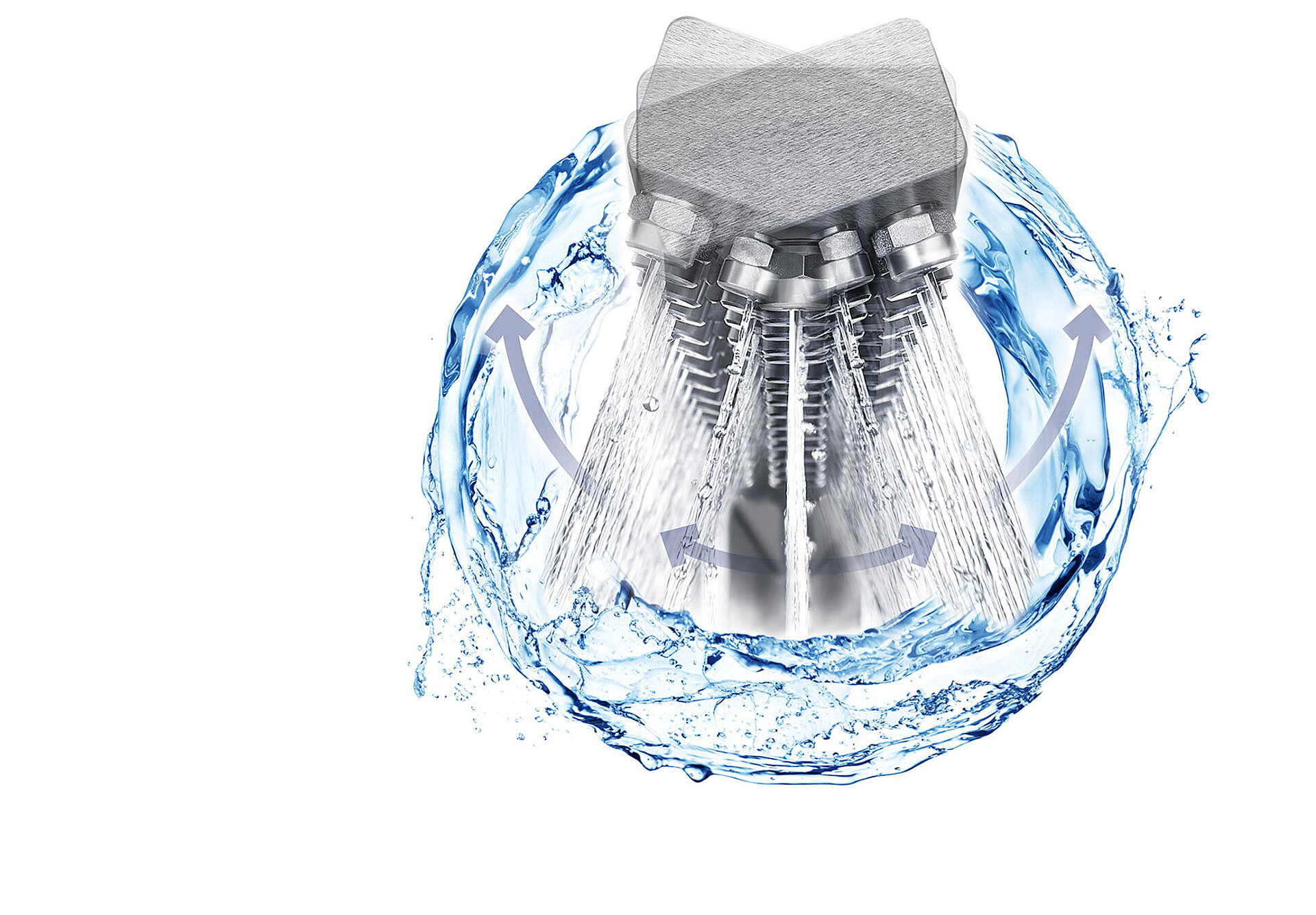 Düsenarm einer industriellen Reinigungsanlage, umspült von Wasser