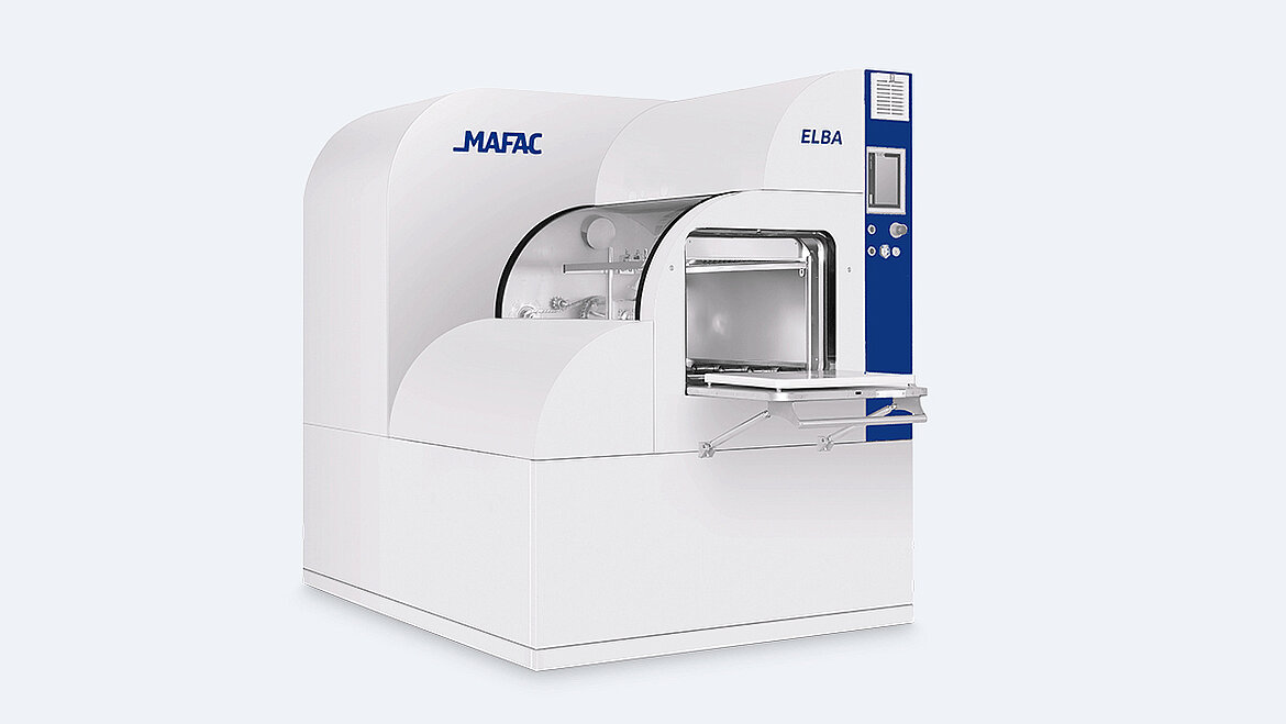 Perspektivische Aufnahme einer MAFAC ELBA Reinigungsanlage zur Bauteilreinigung