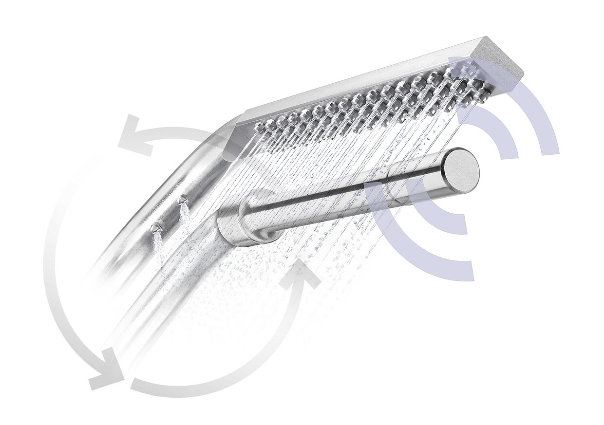 Schematic representation of how ultrasonic transducer and nozzle tube rotate around an axis in a cleaning system