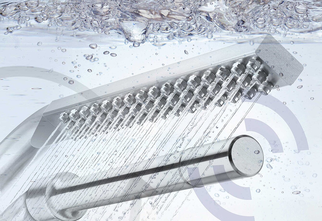 Illustration, die den Düsenarm und Ultraschallschwinger einer industriellen Reinigungsanlage vor einem Hintergrund aus Wasser