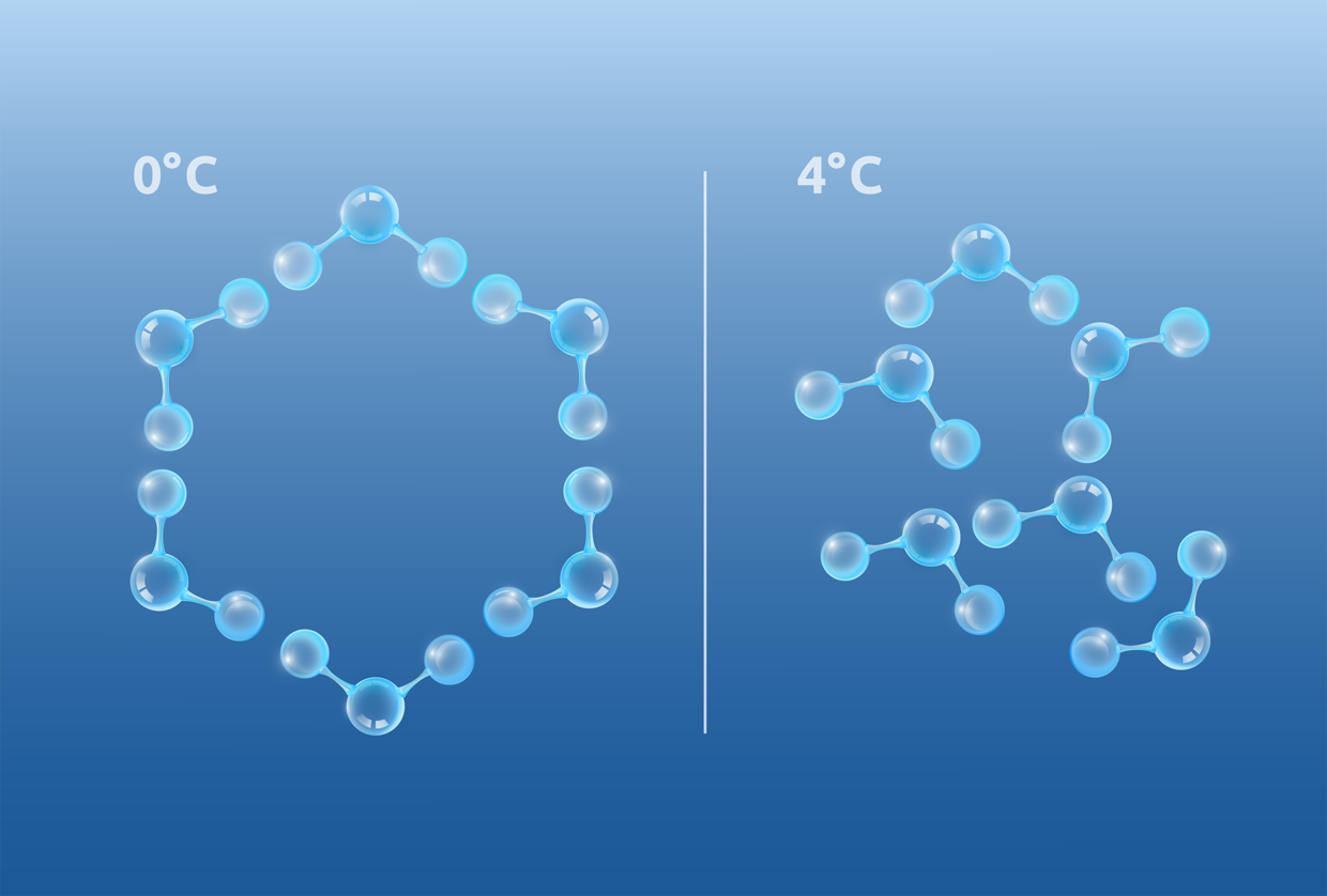 Molekülstruktur von Wasser bei unterschiedlichen Temperaturen Darstellung der Molekülstruktur von Wasser bei 0°C und 4°C. Links sind die Moleküle in einer geordneten Struktur, während sie rechts bei höherer Temperatur weniger geordnet sind.