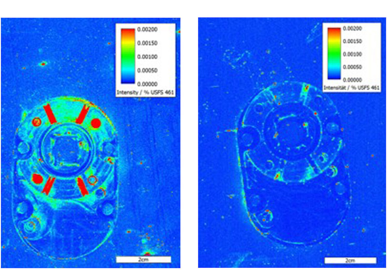 Zwei Aufnahmen der Fluoreszenzanalyse eines Bauteils im Reinigungsversuch