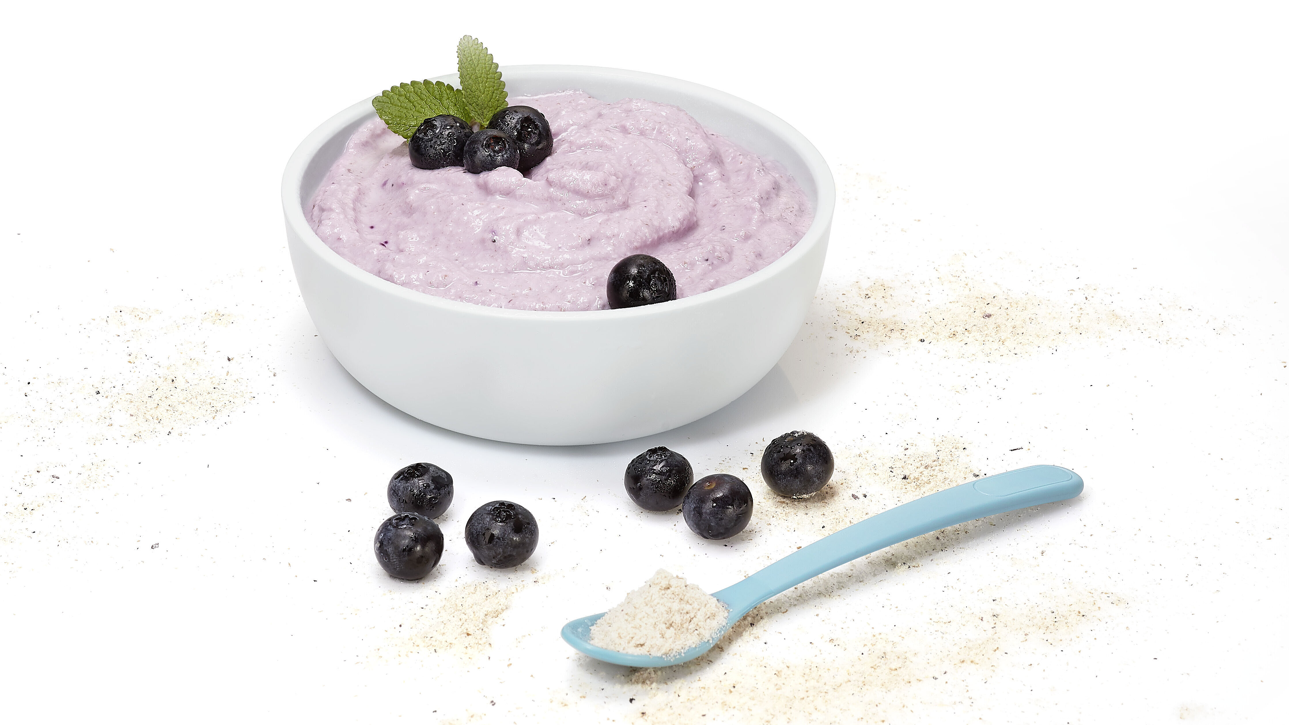 Schale mit Heidelbeerjoghurt, dekoriert mit frischen Heidelbeeren und Minzblättern.