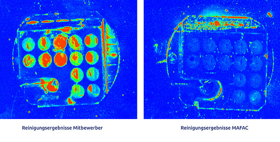 Zwei Aufnahmen der Fluoreszenzanalyse eines Bauteils mit der Anzeige filmischer Verunreinigung