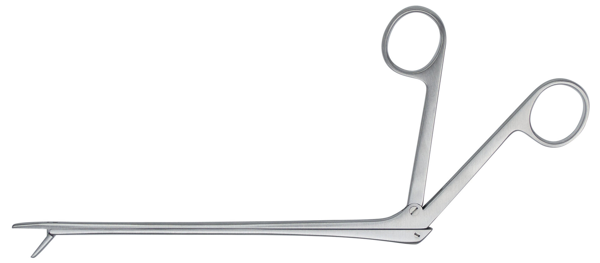 Präzises chirurgisches Instrument aus Edelstahl für medizinische Eingriffe. Chirurgisches Instrument aus Edelstahl mit langen Griffen und feiner Spitze auf weißem Hintergrund.