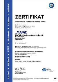 TÜV SÜD Zertifikat für MAFAC - E. Schwarz GmbH & Co. KG, DIN EN ISO 9001:2015, gültig bis 07.06.2026